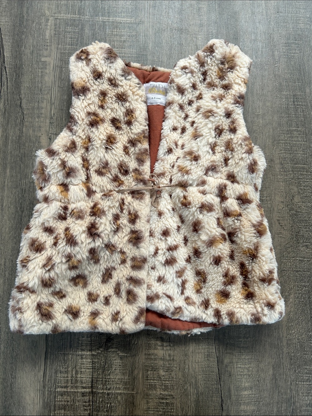 Zara Rust Brown Faux Fur Lined Vest with Cream Trim